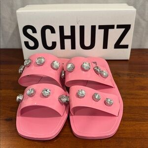 SCHUTZ Pink Slides with Crystal Embellishments